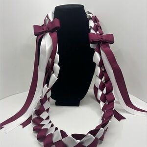 Maroon and White Braided Ribbon Lei Necklace unisex GRAD PARTY